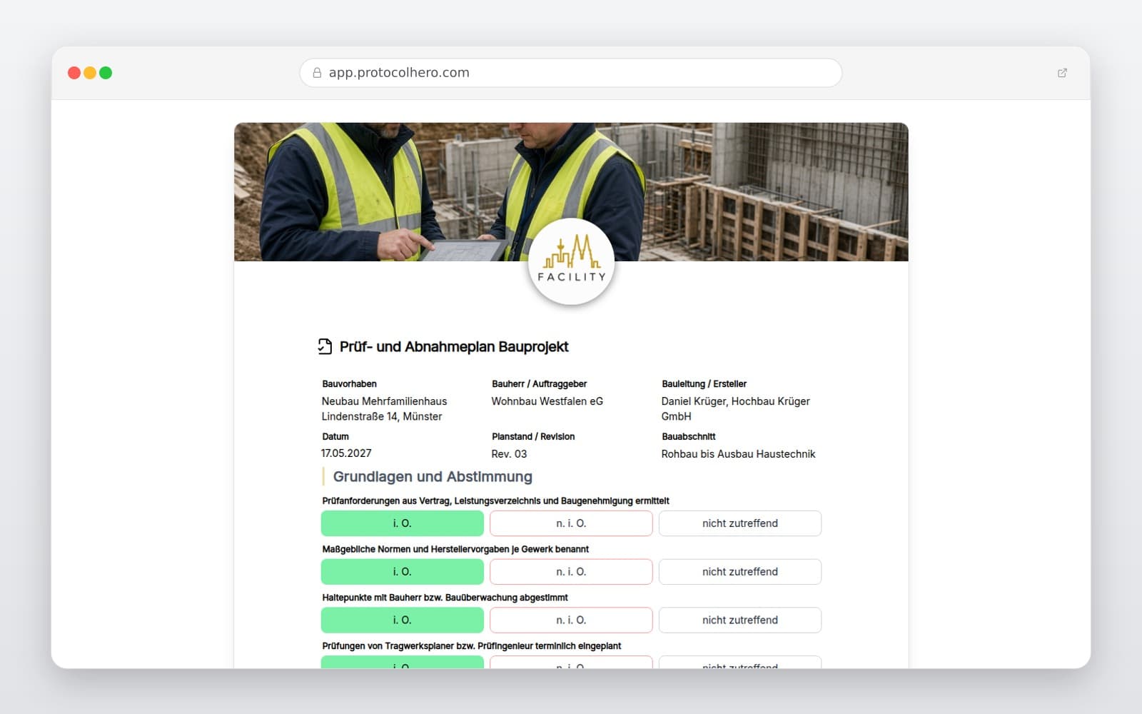 Vorschau der Vorlage „Prüf- und Abnahmeplan Bauprojekt"