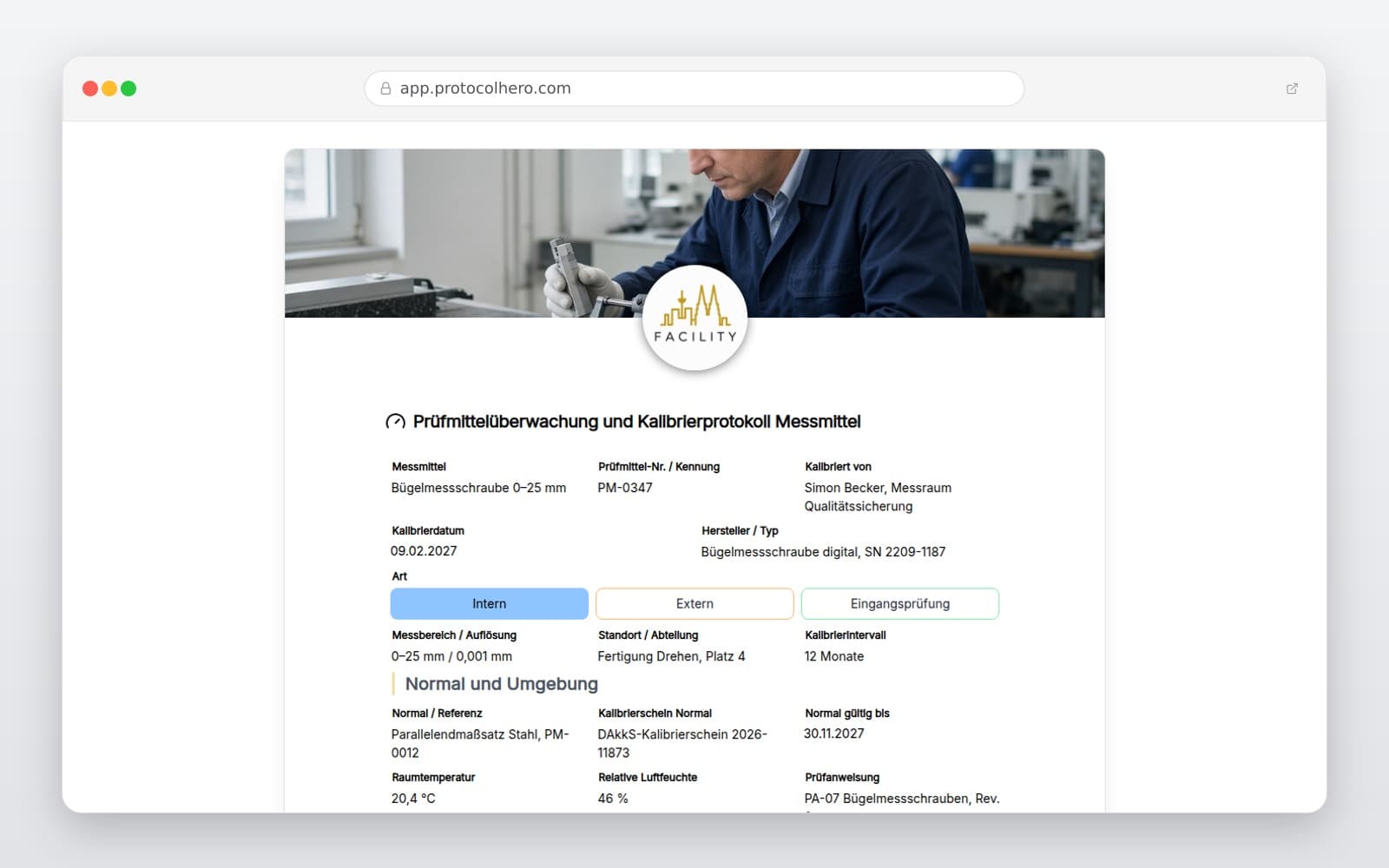 Vorschau der Vorlage „Prüfmittelüberwachung und Kalibrierprotokoll Messmittel"