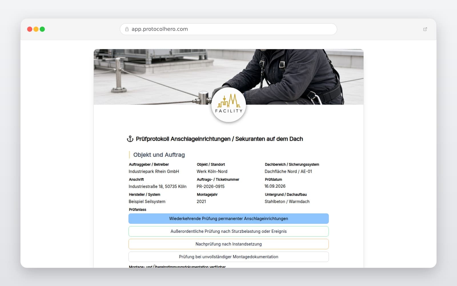 Vorschau der Vorlage „Prüfprotokoll Anschlageinrichtungen / Sekuranten auf dem Dach"