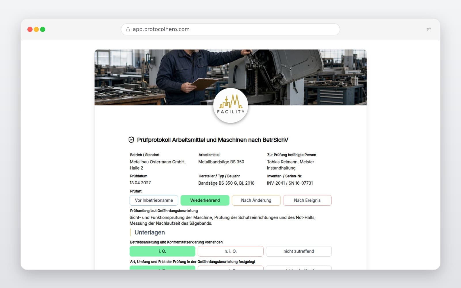 Vorschau der Vorlage „Prüfprotokoll Arbeitsmittel und Maschinen nach BetrSichV"