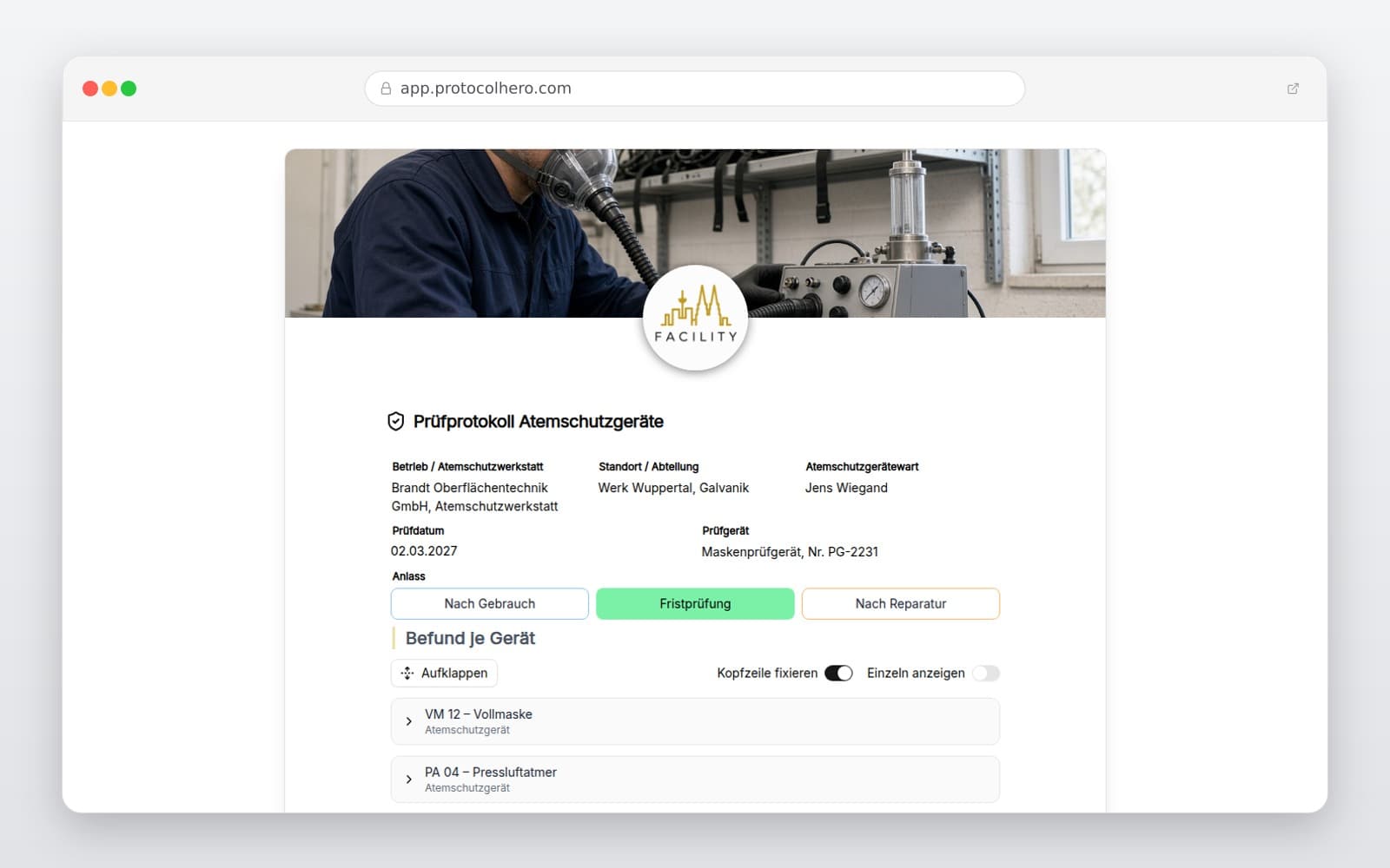Vorschau der Vorlage „Prüfprotokoll Atemschutzgeräte"