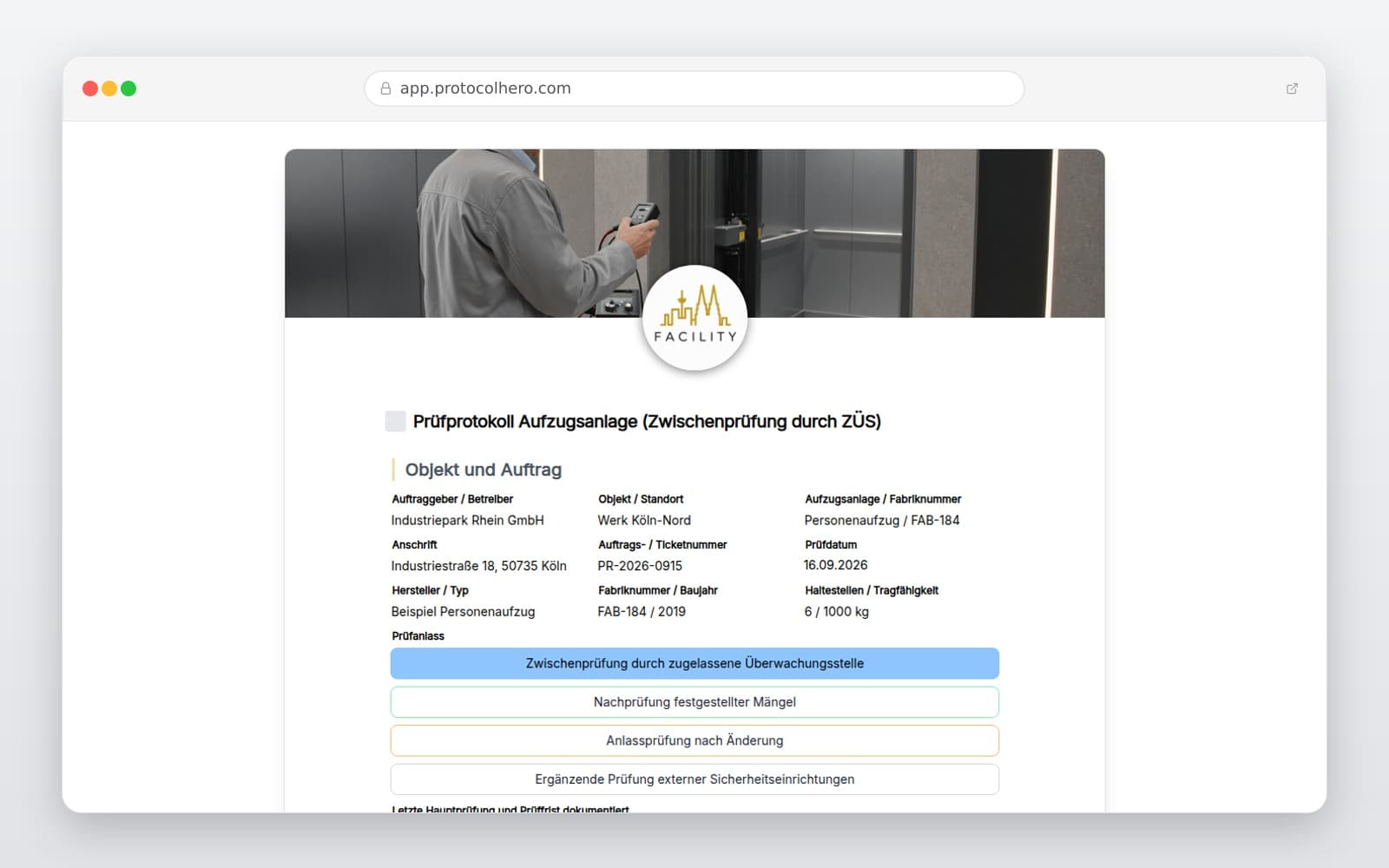 Vorschau der Vorlage „Prüfprotokoll Aufzugsanlage (Zwischenprüfung durch ZÜS)"