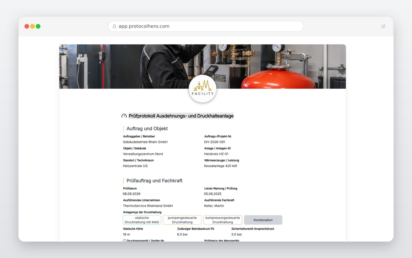 Vorschau der Vorlage „Prüfprotokoll Ausdehnungsgefäß & Druckhaltung"