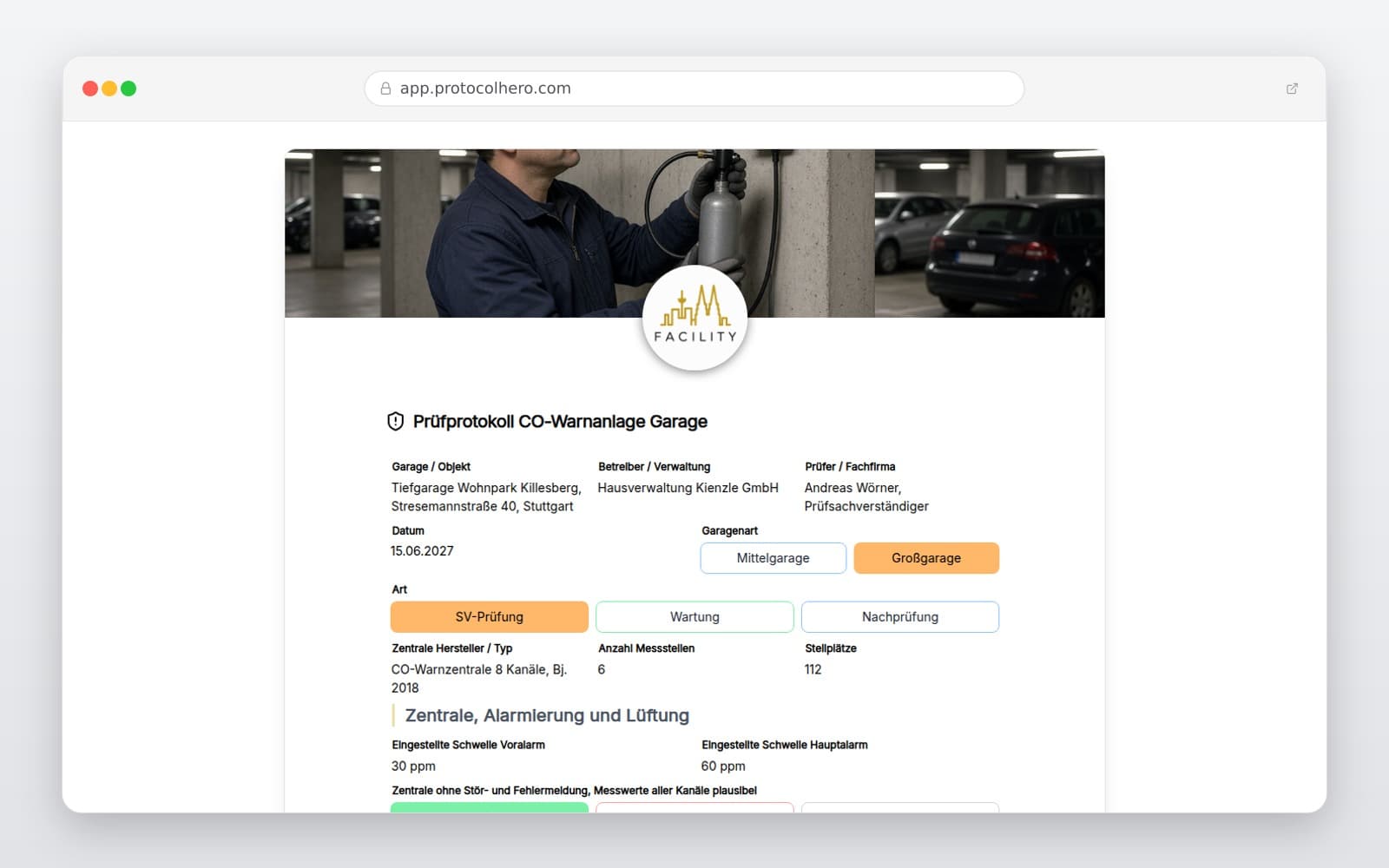 Vorschau der Vorlage „Prüfprotokoll CO-Warnanlage Garage"
