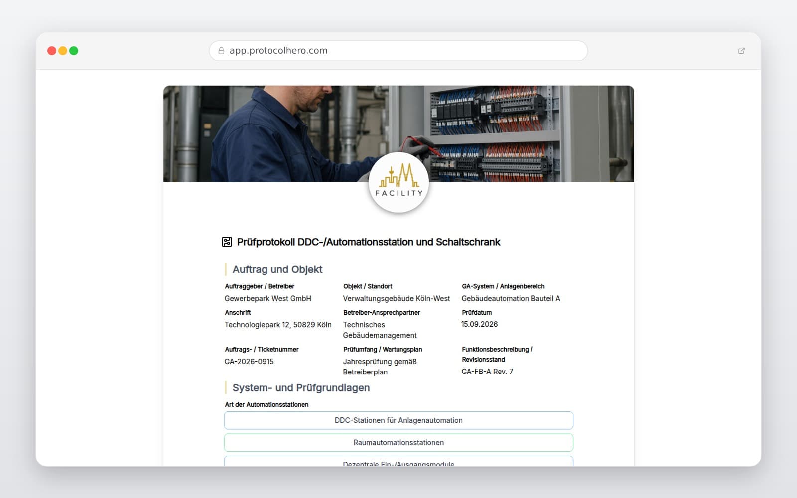 Vorschau der Vorlage „Prüfprotokoll DDC-Automationsstation und Schaltschrank"