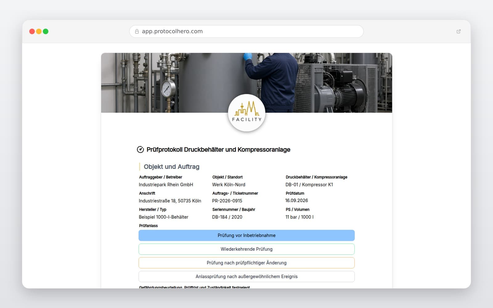 Vorschau der Vorlage „Prüfprotokoll Druckbehälter und Kompressoranlage"