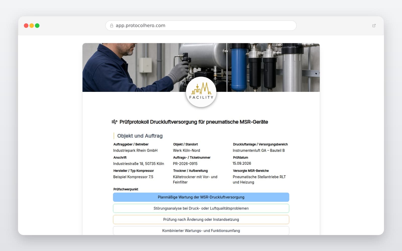 Vorschau der Vorlage „Prüfprotokoll Druckluftversorgung für pneumatische MSR-Geräte"