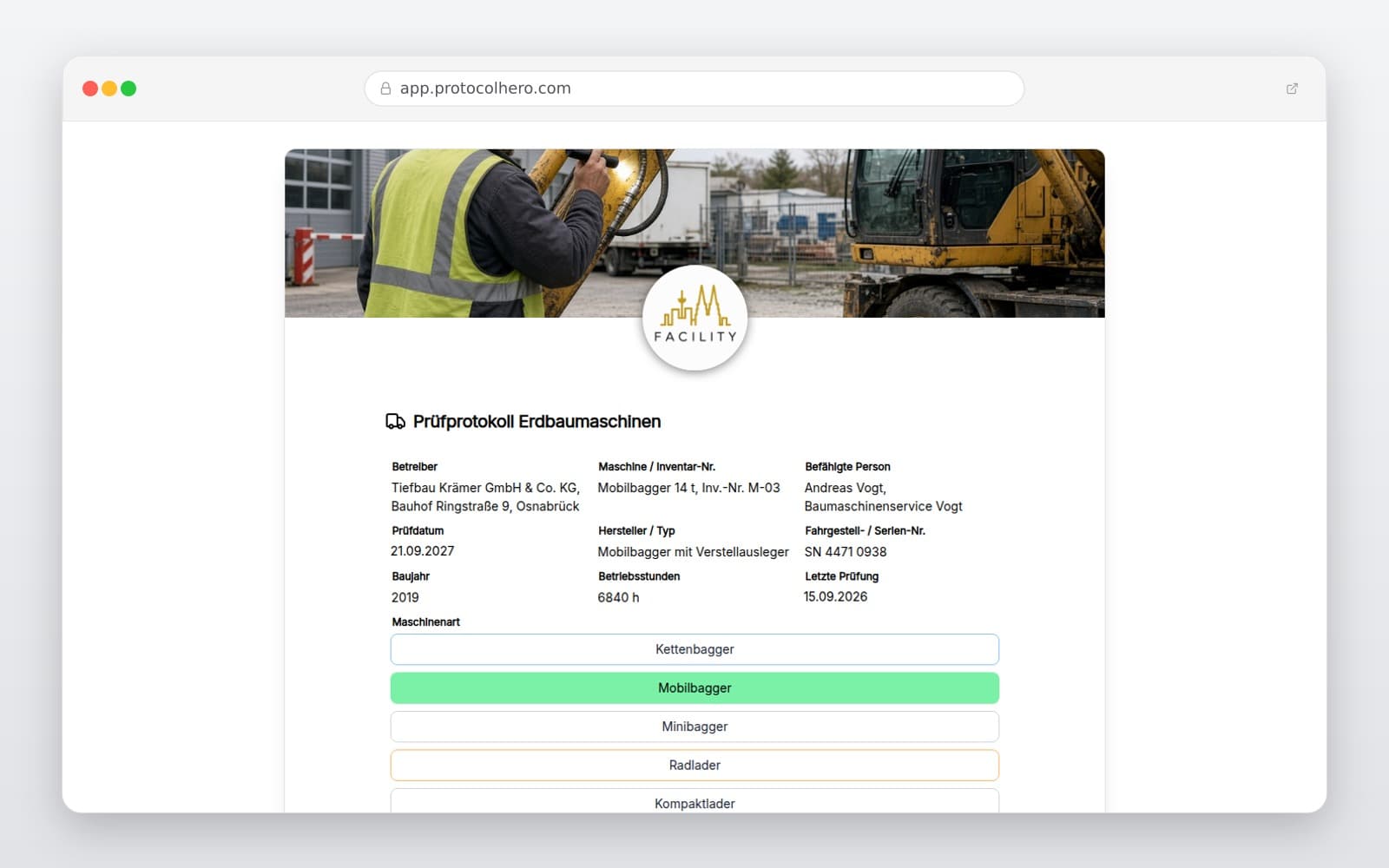 Vorschau der Vorlage „Prüfprotokoll Erdbaumaschinen"