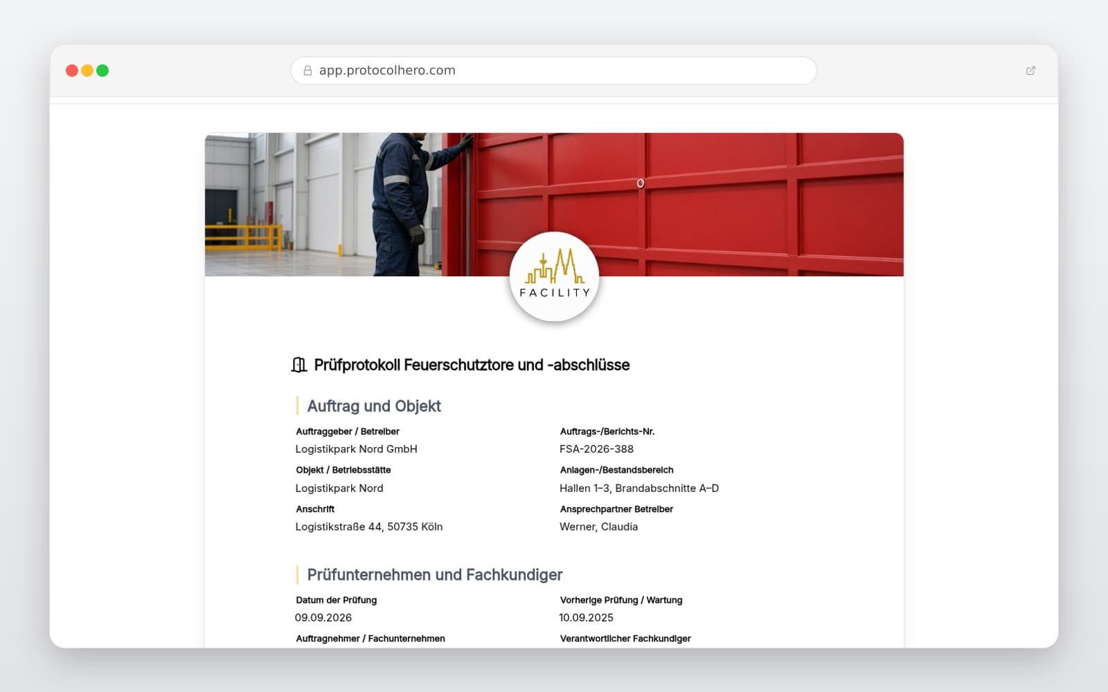 Vorschau der Vorlage „Feuerschutztore Prüfprotokoll – Vorlage für Feuerschutzabschlüsse"
