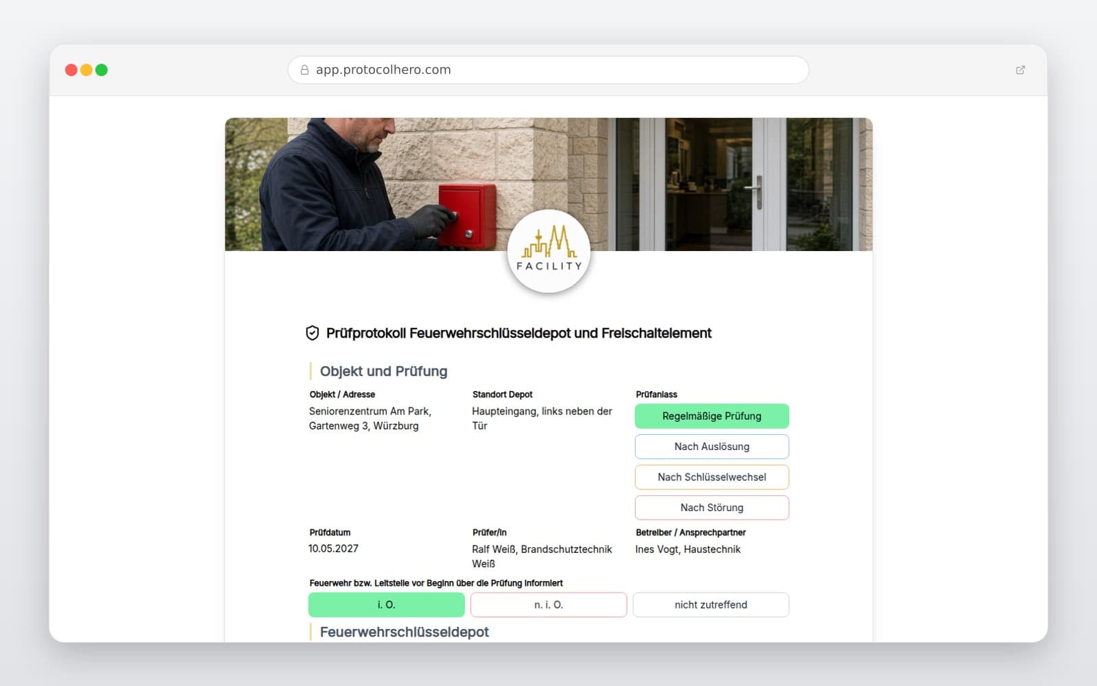 Vorschau der Vorlage „Prüfprotokoll Feuerwehrschlüsseldepot und Freischaltelement"