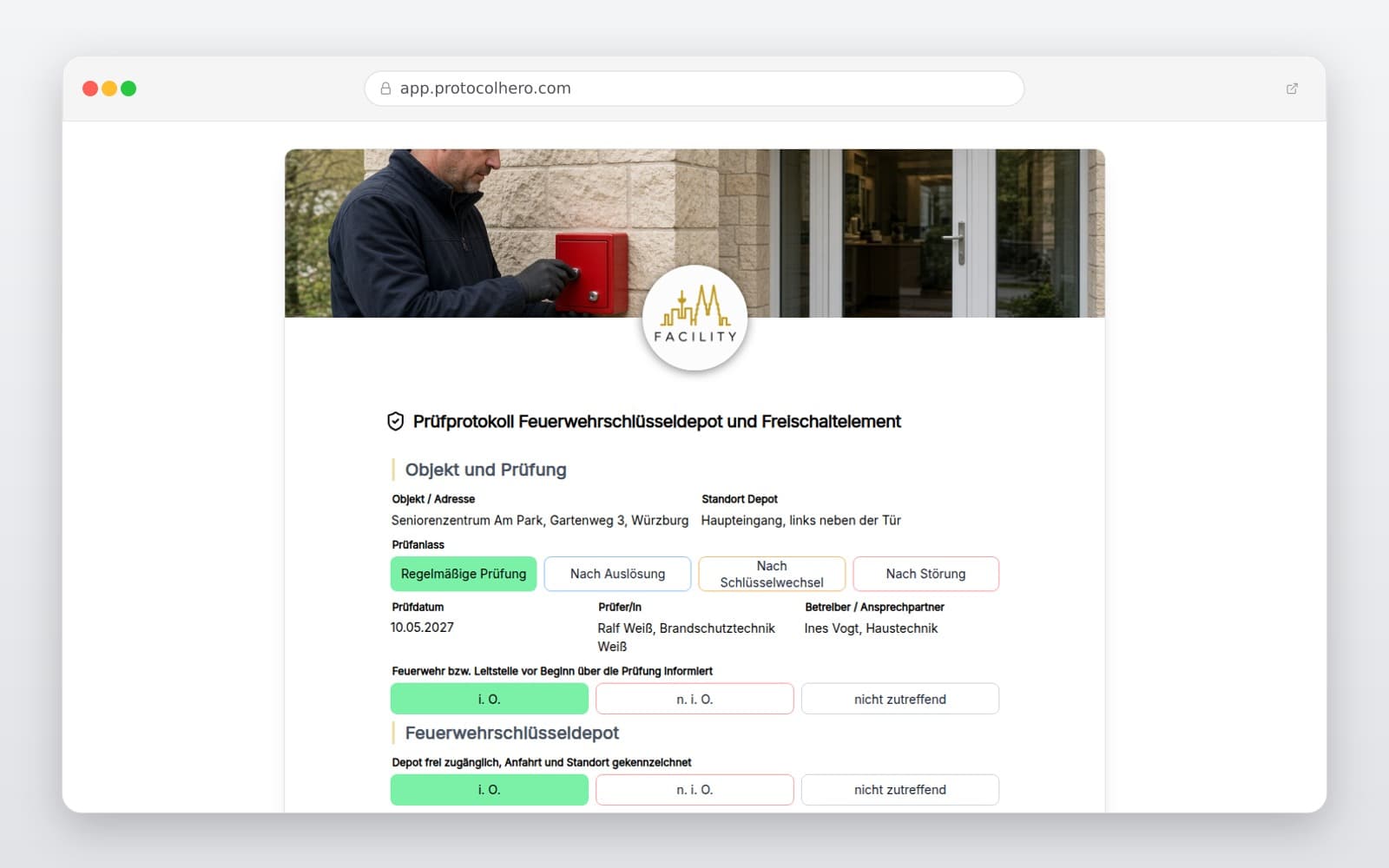 Vorschau der Vorlage „Prüfprotokoll Feuerwehrschlüsseldepot und Freischaltelement"
