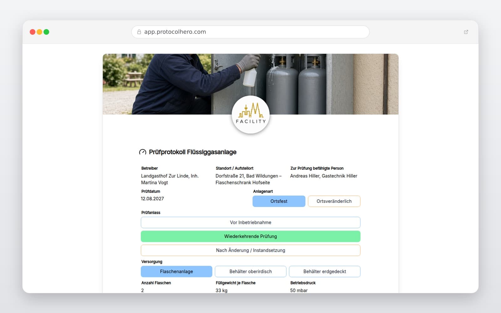 Vorschau der Vorlage „Prüfprotokoll Flüssiggasanlage"