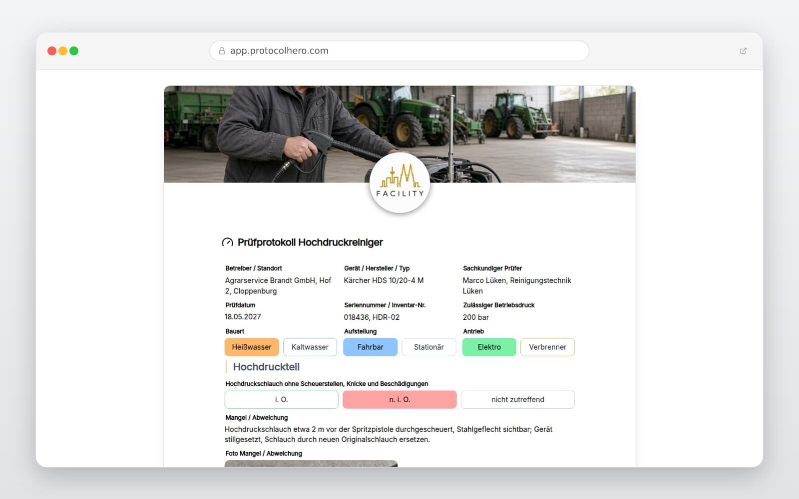 Vorschau der Vorlage „Prüfprotokoll Hochdruckreiniger"