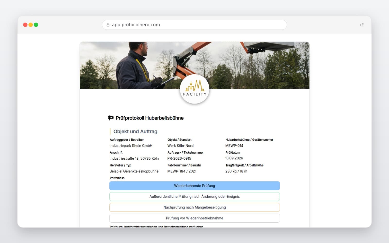 Vorschau der Vorlage „Prüfprotokoll Hubarbeitsbühne"