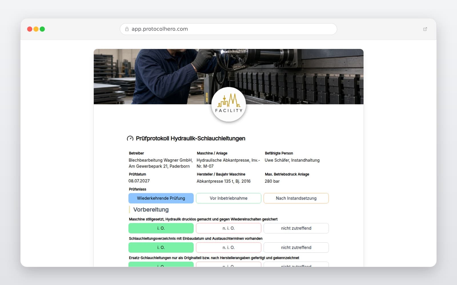 Vorschau der Vorlage „Prüfprotokoll Hydraulik-Schlauchleitungen"