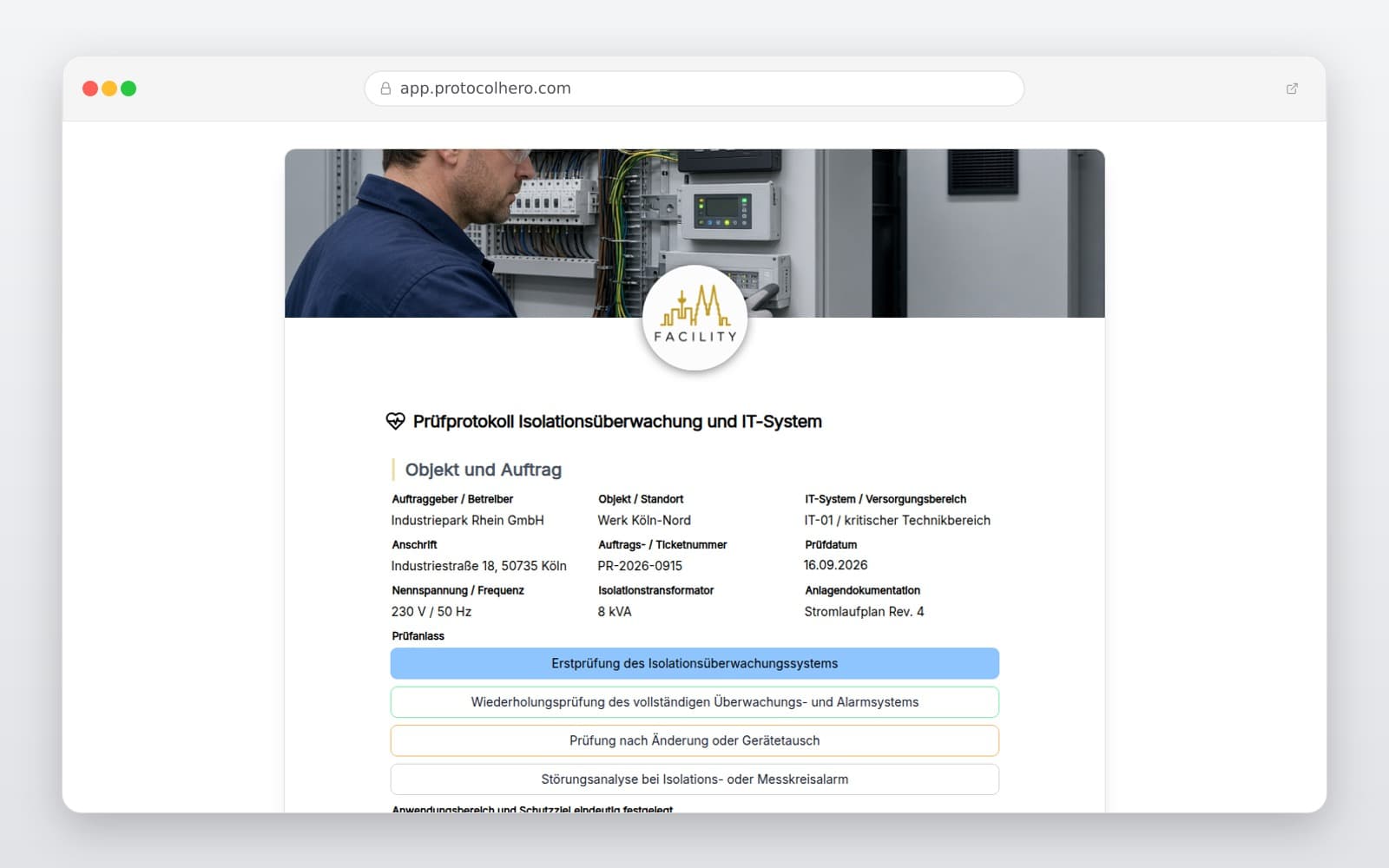 Vorschau der Vorlage „Prüfprotokoll Isolationsüberwachung und IT-System"