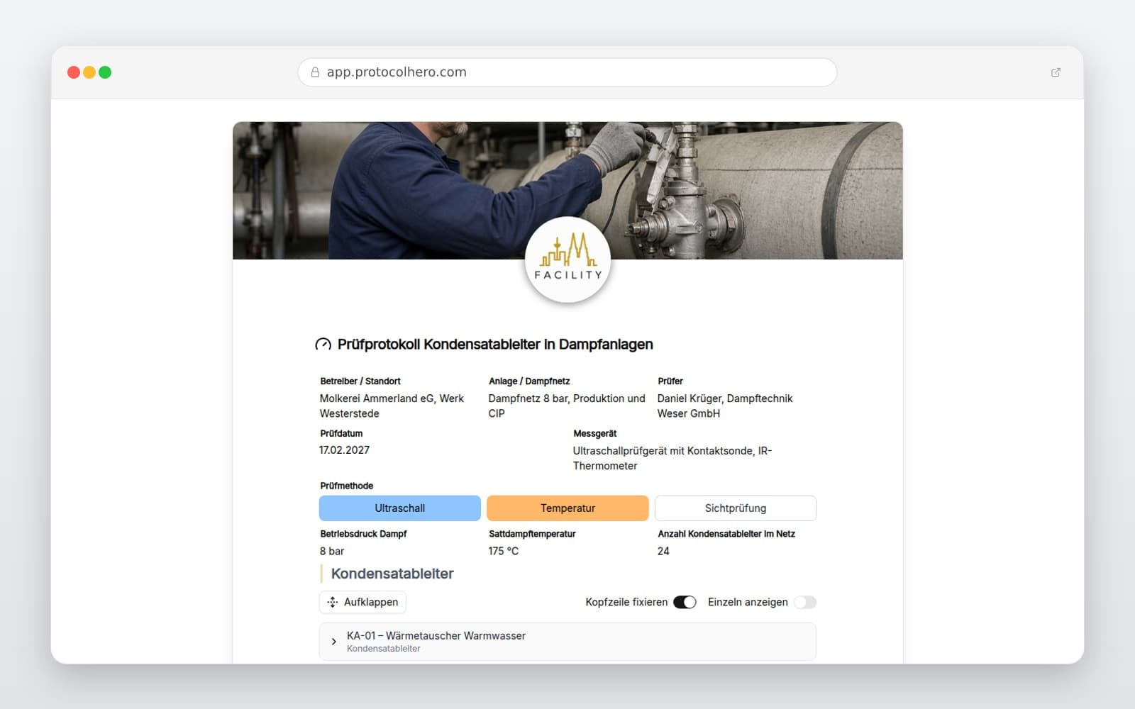 Vorschau der Vorlage „Prüfprotokoll Kondensatableiter in Dampfanlagen"