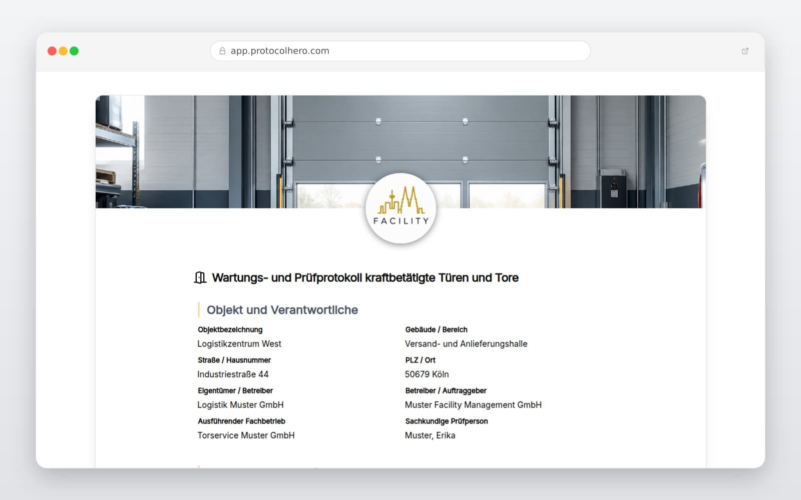 Vorschau der Vorlage „Prüfprotokoll kraftbetätigte Tore Vorlage – Digitales Wartungsprotokoll"