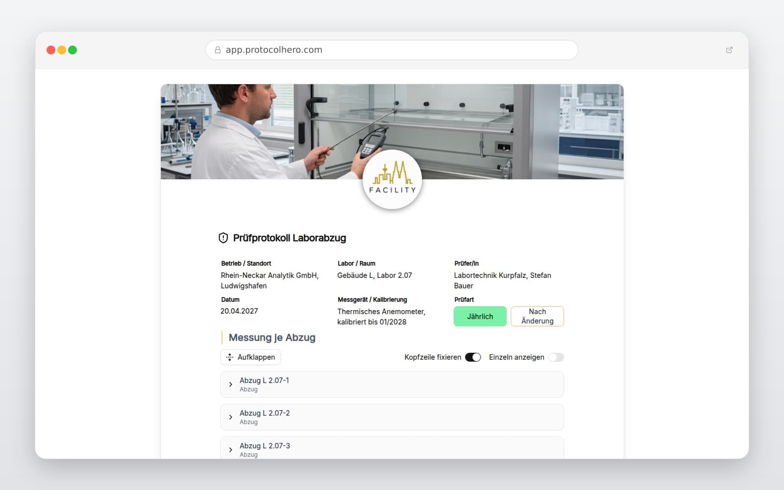 Vorschau der Vorlage „Prüfprotokoll Laborabzug"