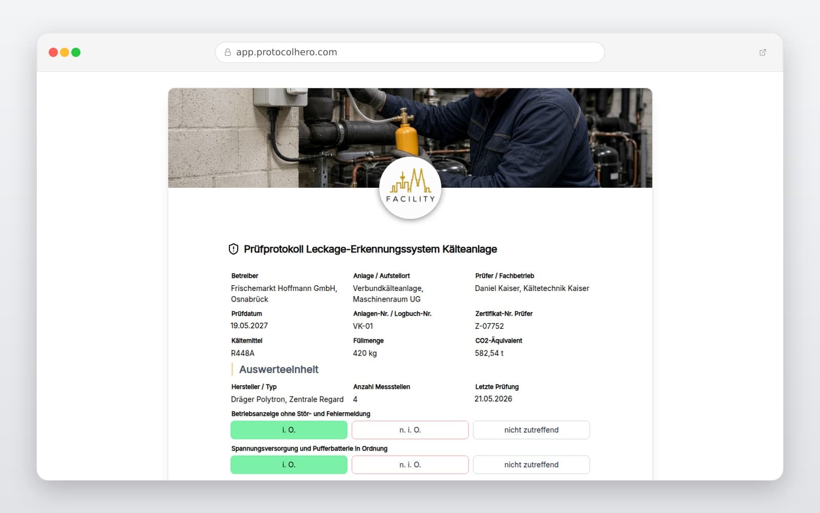 Vorschau der Vorlage „Prüfprotokoll Leckage-Erkennungssystem Kälteanlage"