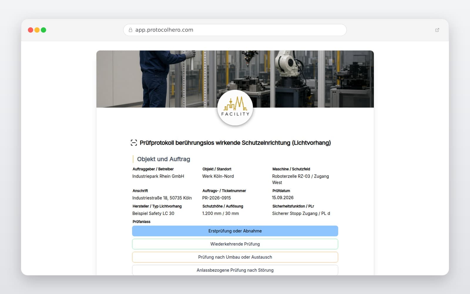 Vorschau der Vorlage „Prüfprotokoll berührungslos wirkende Schutzeinrichtung (Lichtvorhang)"