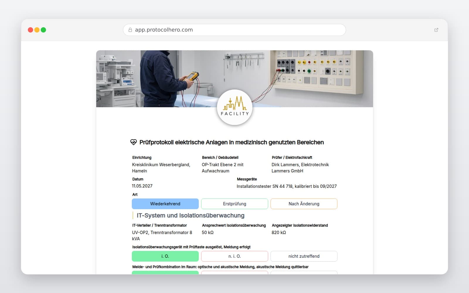 Vorschau der Vorlage „Prüfprotokoll elektrische Anlagen in medizinisch genutzten Bereichen"