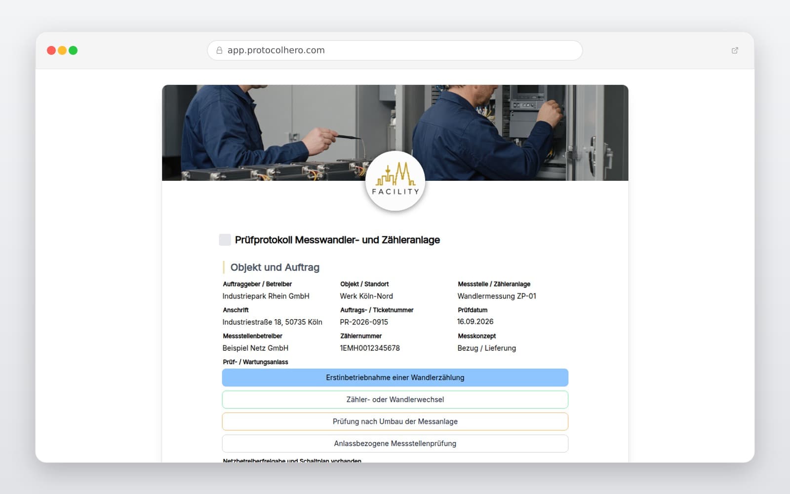 Vorschau der Vorlage „Prüfprotokoll Messwandler- und Zähleranlage"