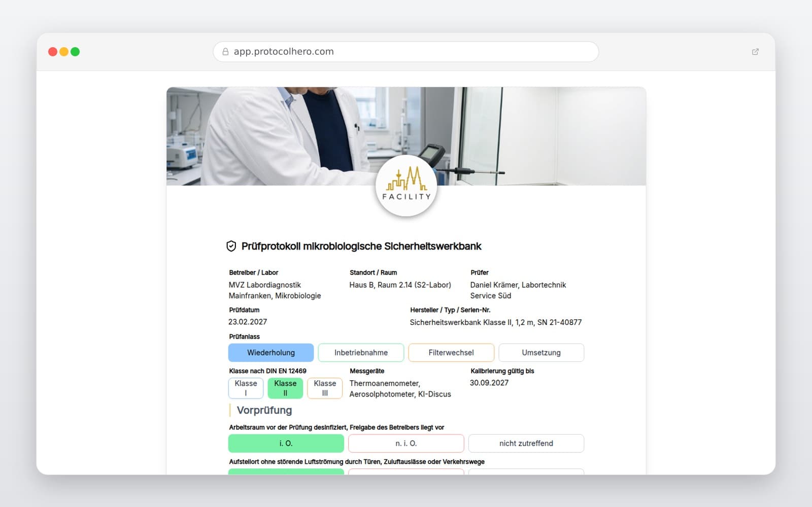 Vorschau der Vorlage „Prüfprotokoll mikrobiologische Sicherheitswerkbank"