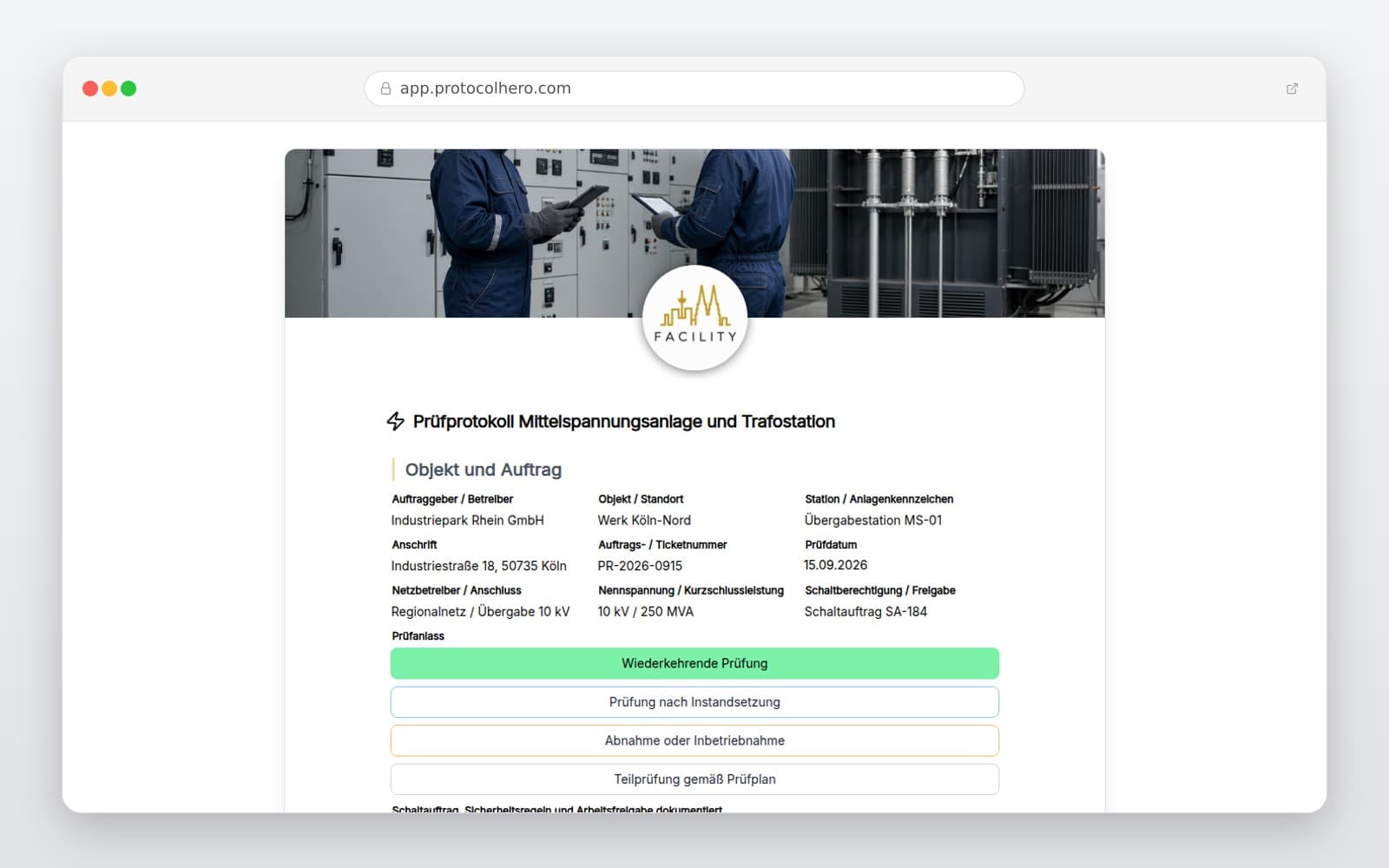 Vorschau der Vorlage „Prüfprotokoll Mittelspannungsanlage und Trafostation"