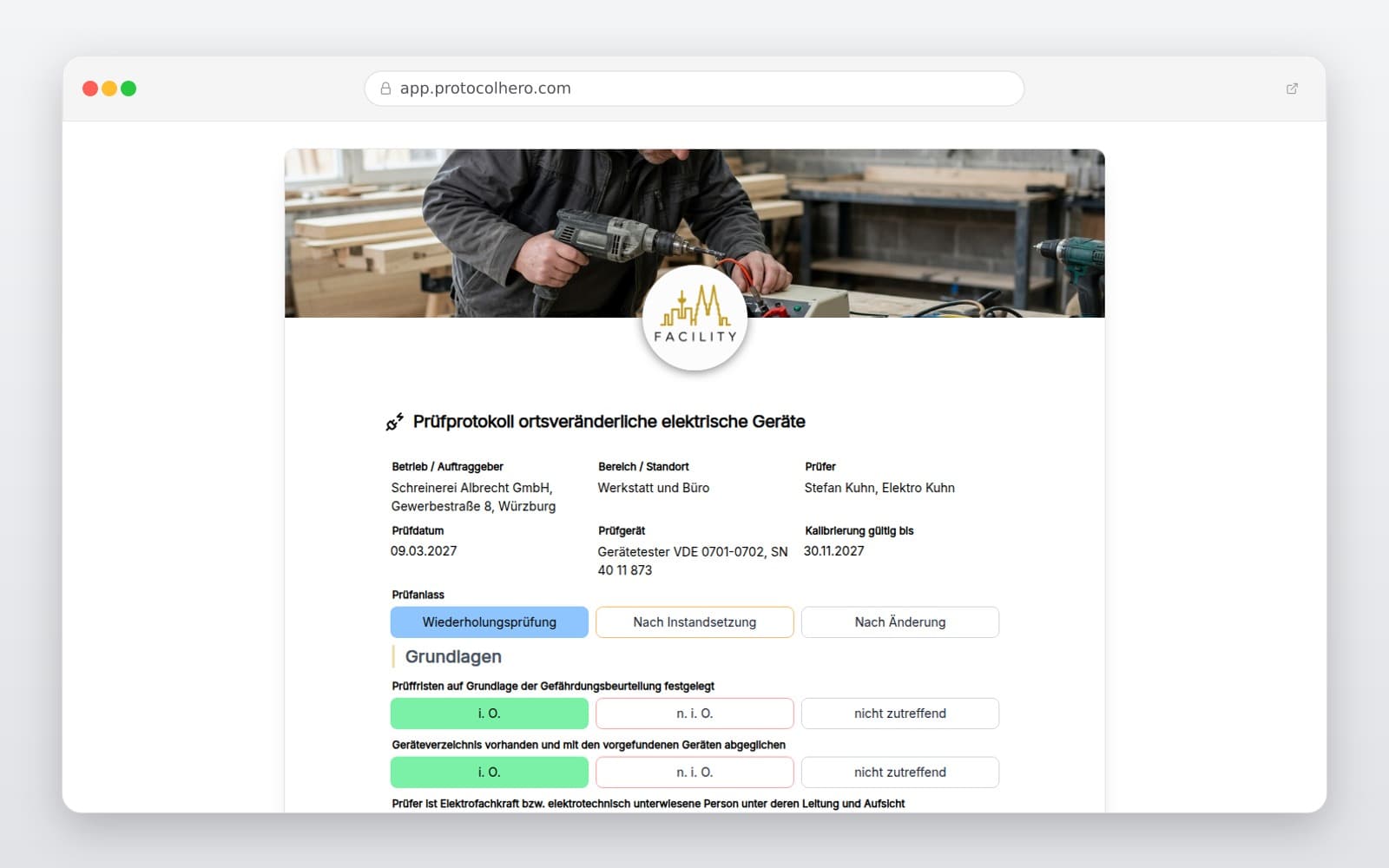Vorschau der Vorlage „Prüfprotokoll ortsveränderliche elektrische Geräte"