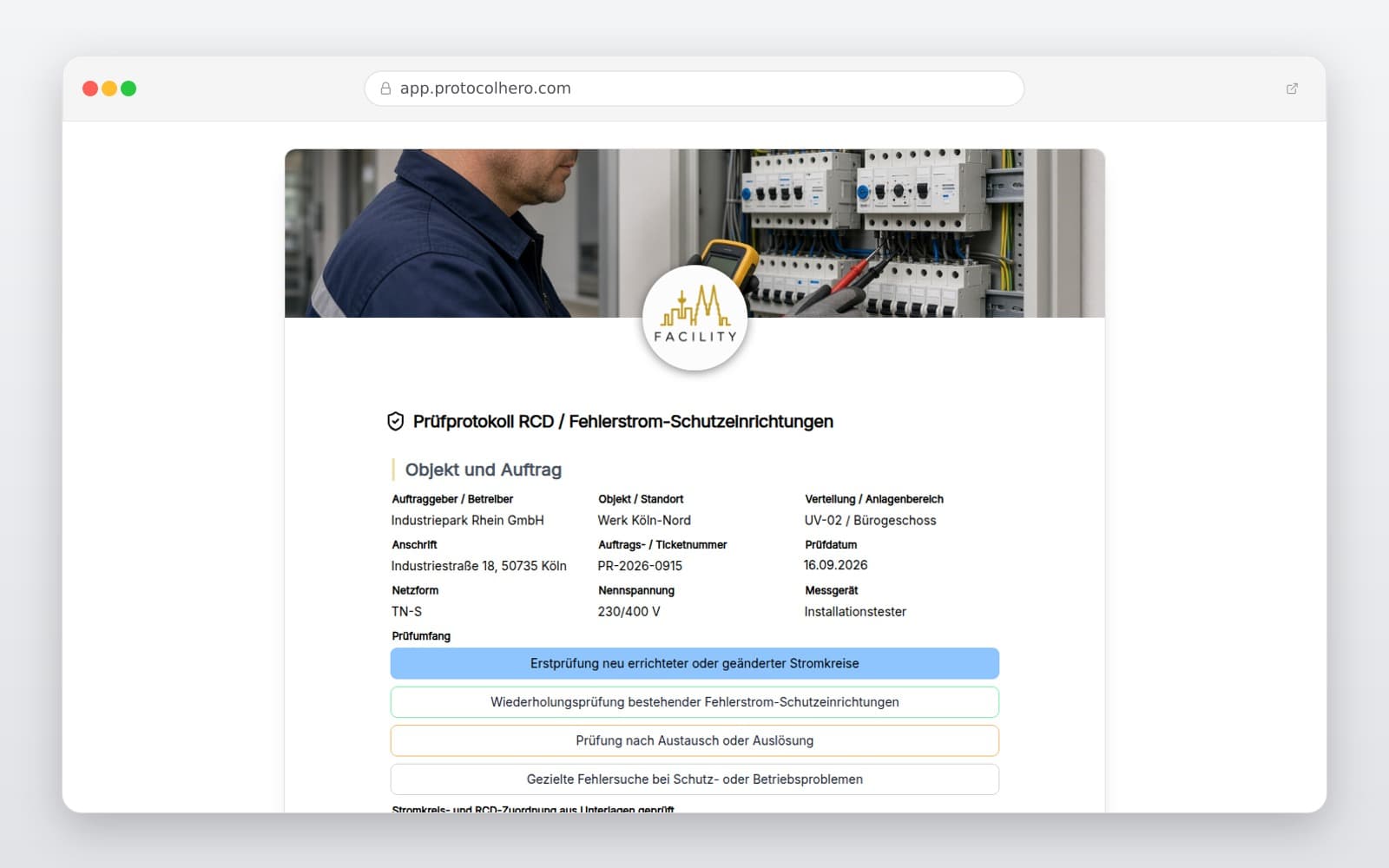 Vorschau der Vorlage „Prüfprotokoll RCD / Fehlerstrom-Schutzeinrichtungen"