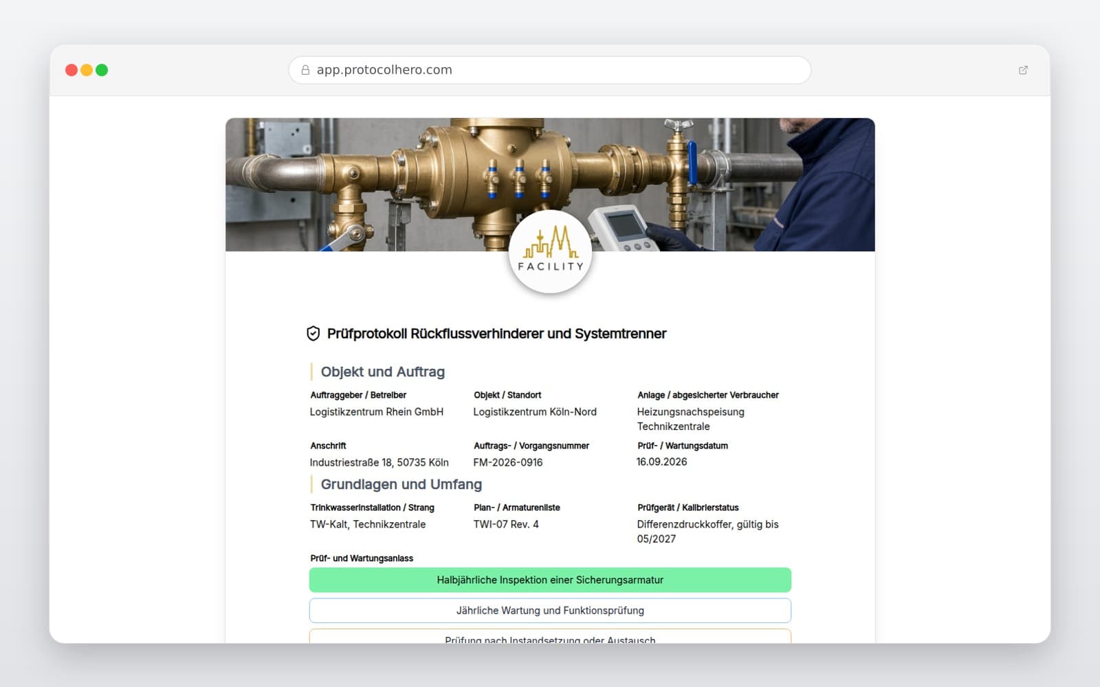 Vorschau der Vorlage „Prüfprotokoll Rückflussverhinderer und Systemtrenner"