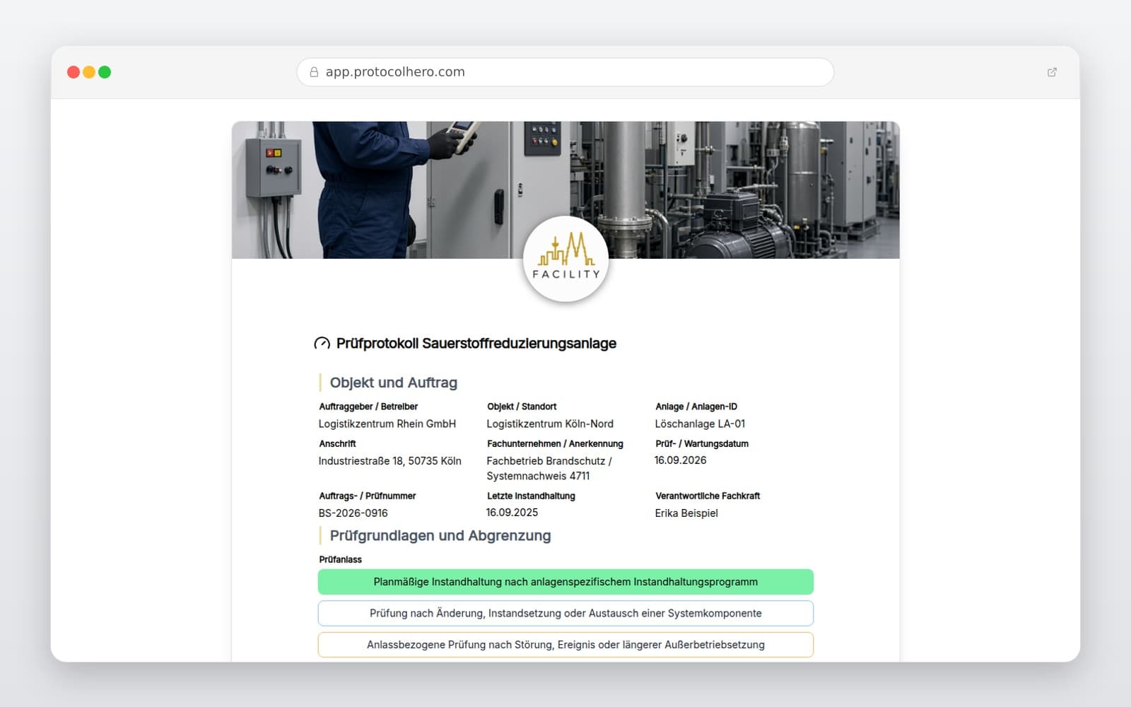 Vorschau der Vorlage „Prüfprotokoll Sauerstoffreduzierungsanlage"