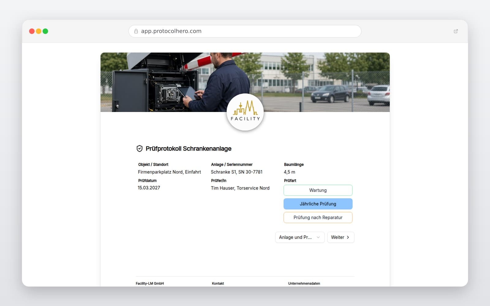 Vorschau der Vorlage „Prüfprotokoll Schrankenanlage"