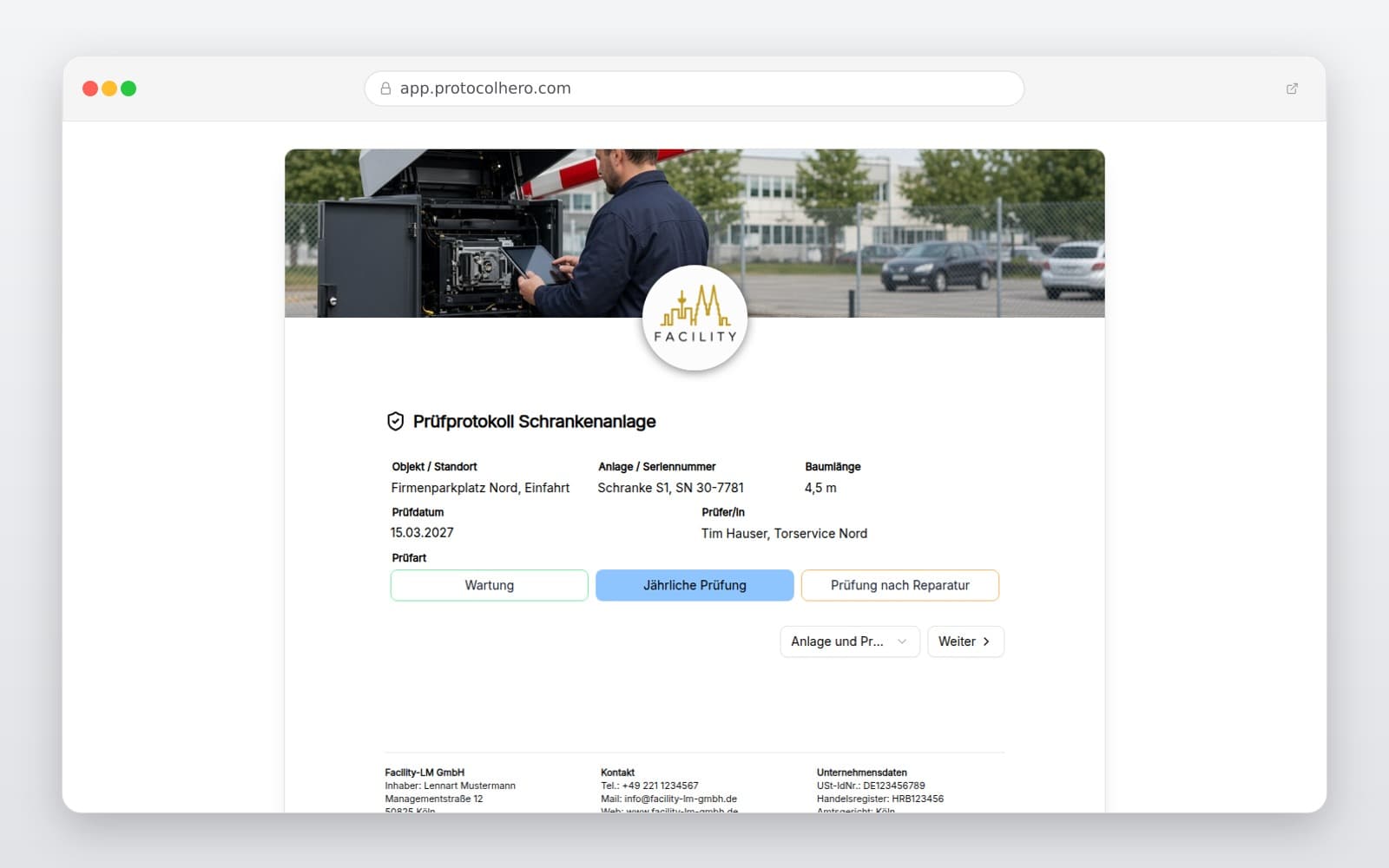Vorschau der Vorlage „Prüfprotokoll Schrankenanlage"