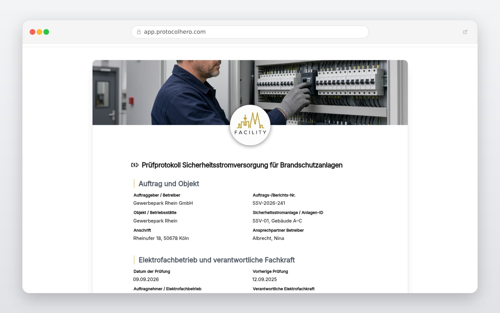 Vorschau der Vorlage „Prüfprotokoll Sicherheitsstromversorgung – Vorlage für Brandschutzanlagen"
