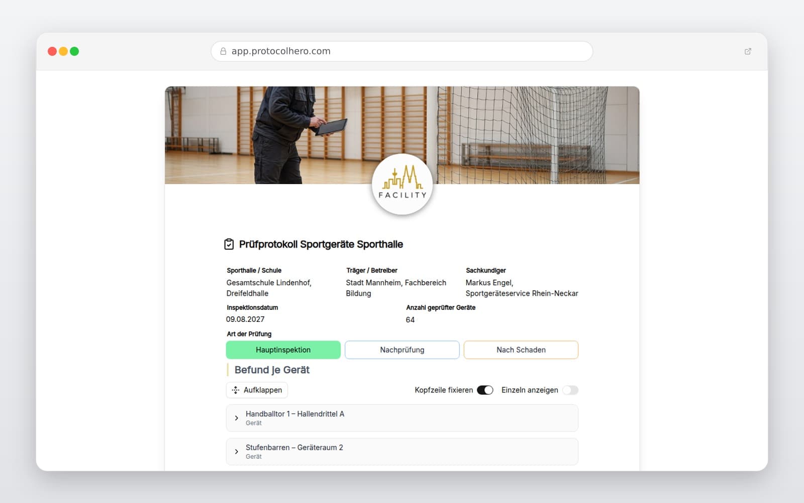 Vorschau der Vorlage „Prüfprotokoll Sportgeräte Sporthalle"