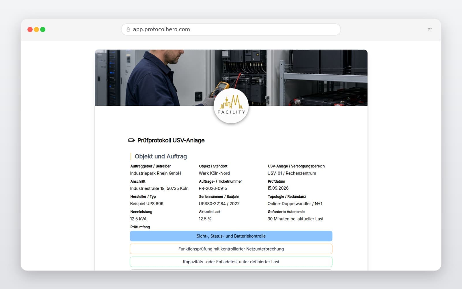 Vorschau der Vorlage „Prüfprotokoll USV-Anlage"