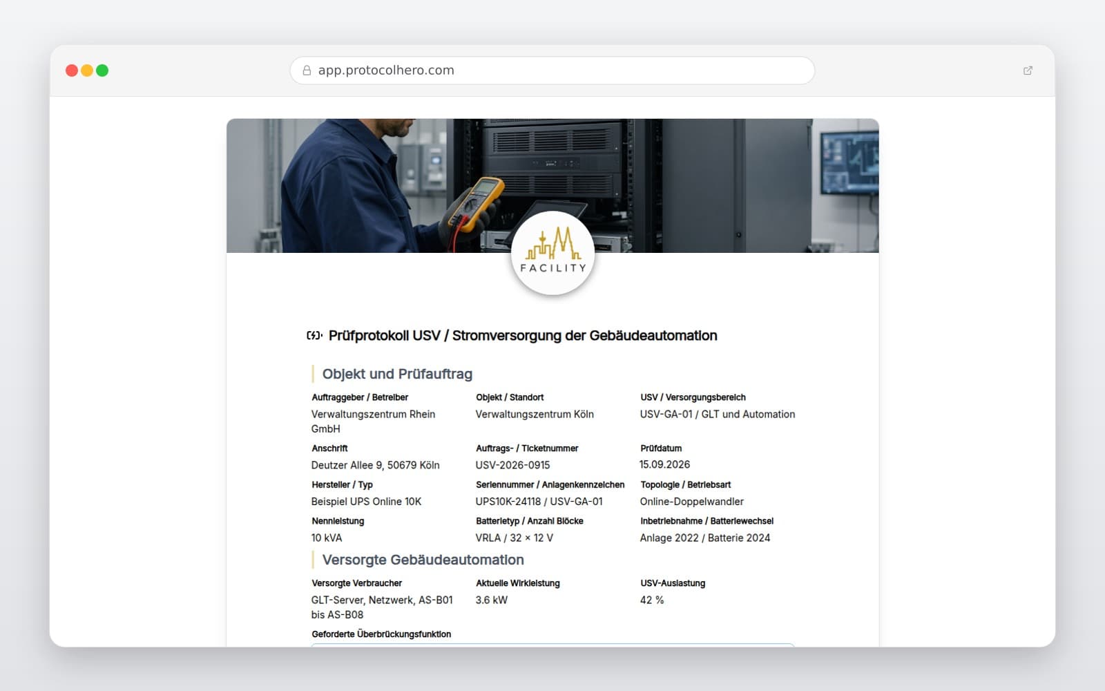 Vorschau der Vorlage „Prüfprotokoll USV und Stromversorgung der Gebäudeautomation"