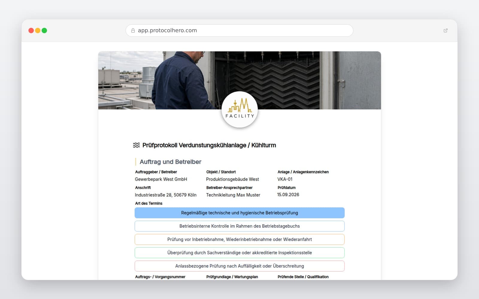 Vorschau der Vorlage „Prüfprotokoll Verdunstungskühlanlage und Kühlturm"