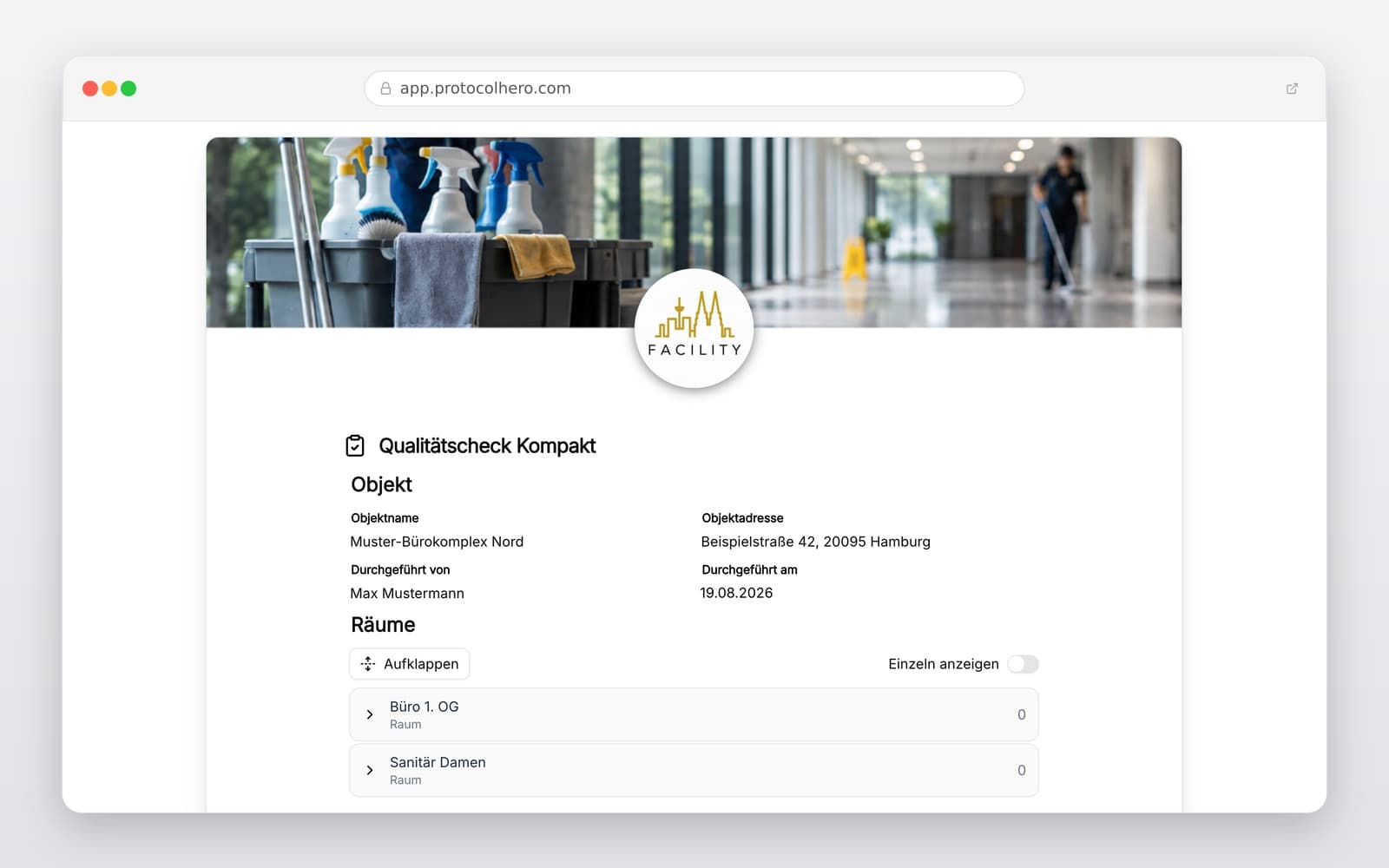 Vorschau der Vorlage „Qualitätscheck Gebäudereinigung Vorlage – Digitaler Prüfbericht"