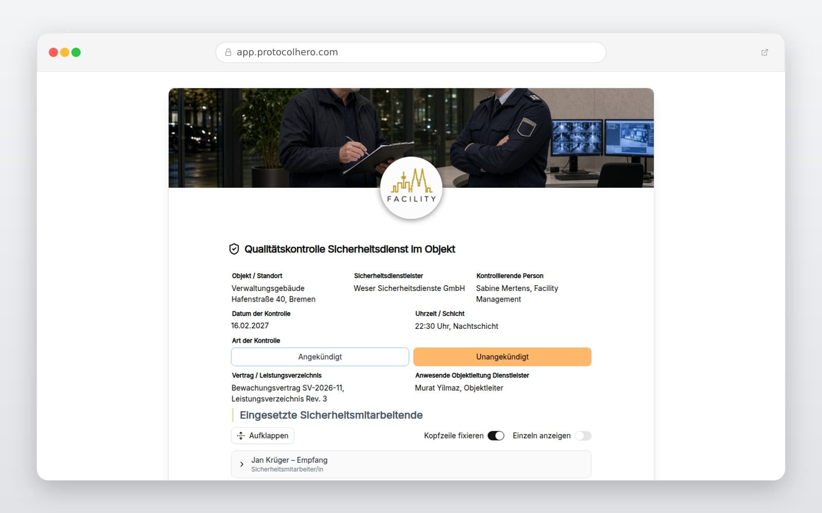 Vorschau der Vorlage „Qualitätskontrolle Sicherheitsdienst im Objekt"