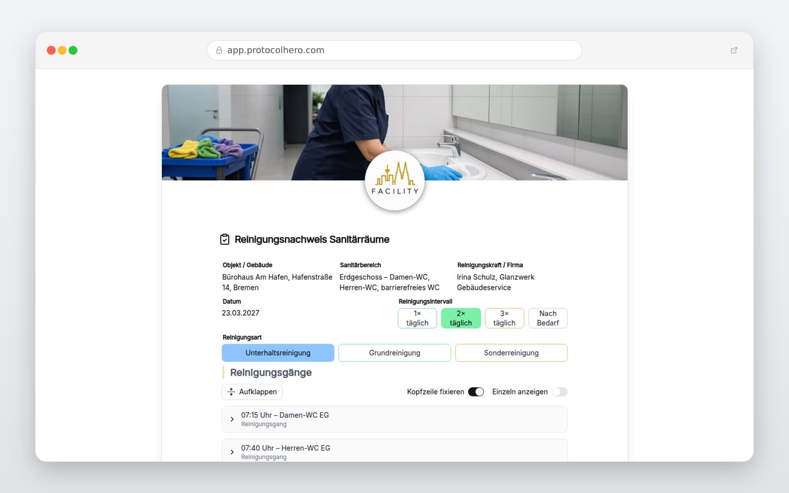 Vorschau der Vorlage „Reinigungsnachweis Sanitärräume"