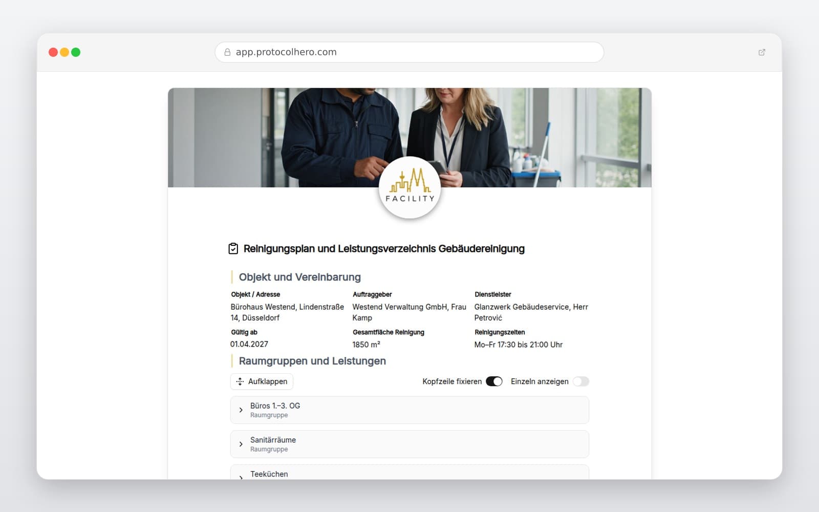 Vorschau der Vorlage „Reinigungsplan und Leistungsverzeichnis Gebäudereinigung"