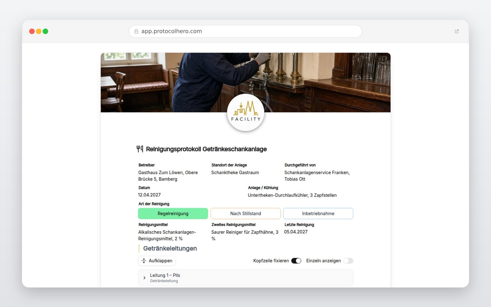 Vorschau der Vorlage „Reinigungsprotokoll Getränkeschankanlage"