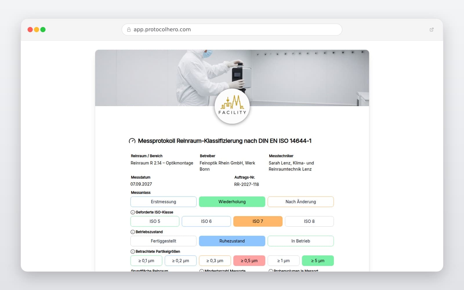 Vorschau der Vorlage „Messprotokoll Reinraum-Klassifizierung nach DIN EN ISO 14644-1"