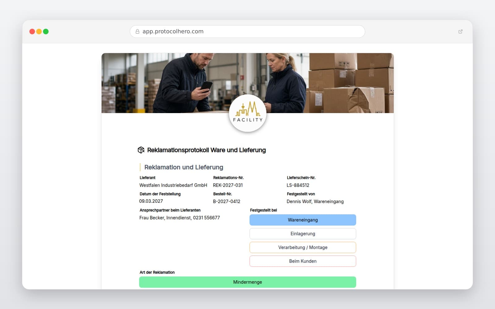 Vorschau der Vorlage „Reklamationsprotokoll Ware und Lieferung"