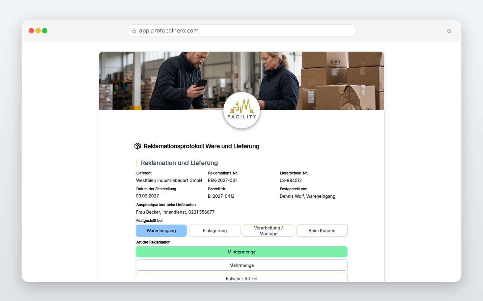 Vorschau der Vorlage „Reklamationsprotokoll Ware und Lieferung"