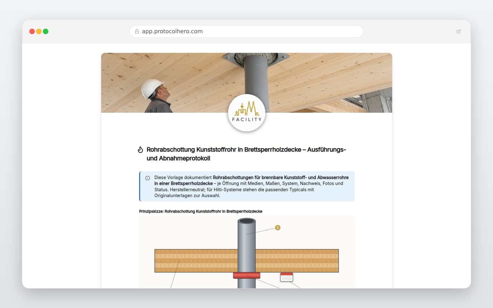 Vorschau der Vorlage „Rohrabschottung Kunststoffrohr in Brettsperrholzdecke – Ausführungs- und Abnahmeprotokoll"