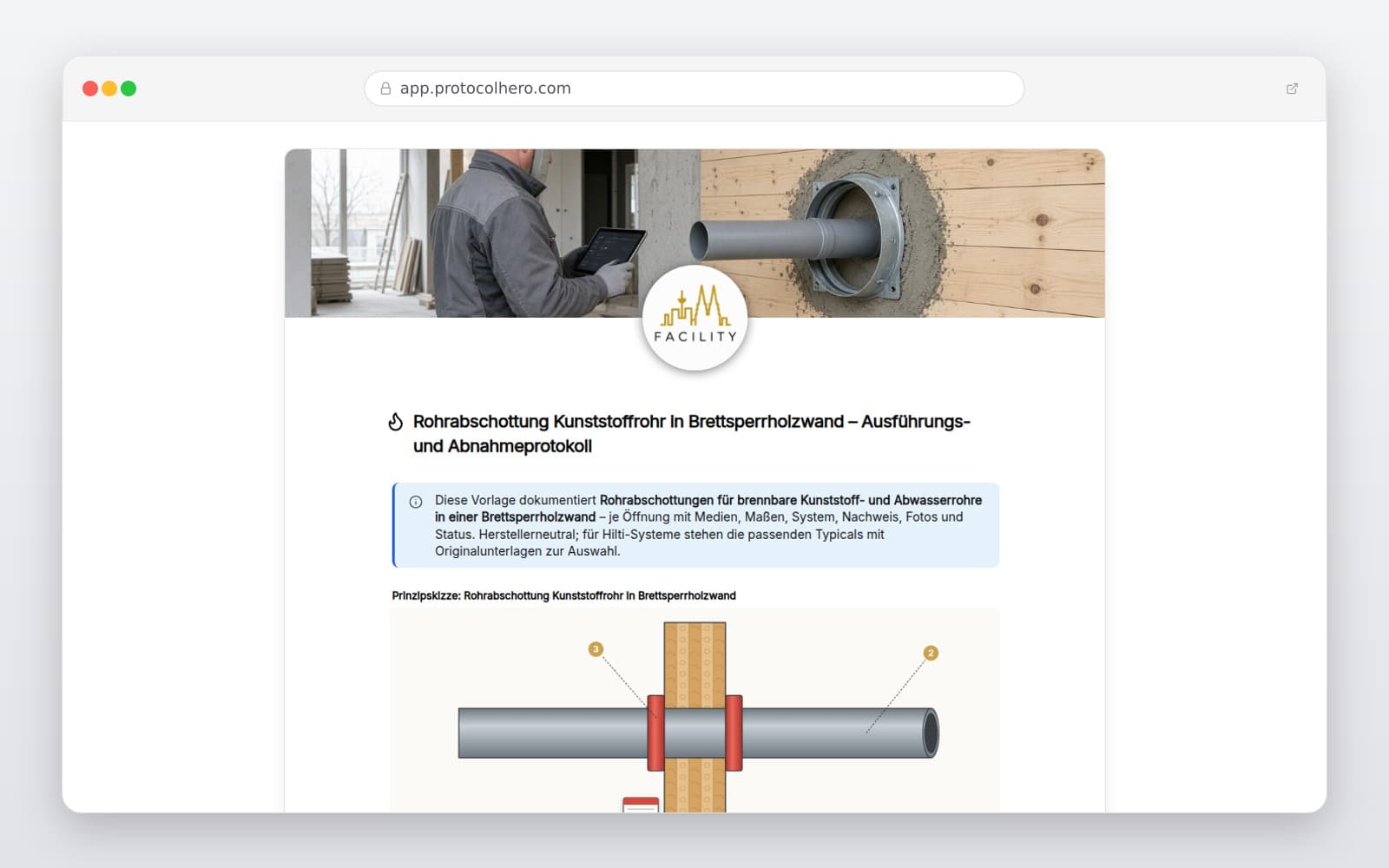 Vorschau der Vorlage „Rohrabschottung Kunststoffrohr in Brettsperrholzwand – Ausführungs- und Abnahmeprotokoll"